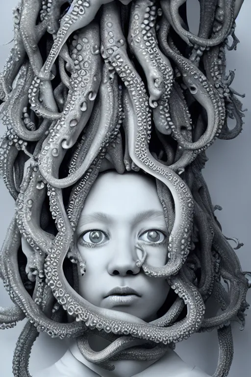 Image similar to full head and shoulders, beautiful porcelain female person, smooth, delicate facial features, white detailed eyes, white lashes, 3 d white shiny thick, large octopus tentacles and eyeballs by daniel arsham and james jean