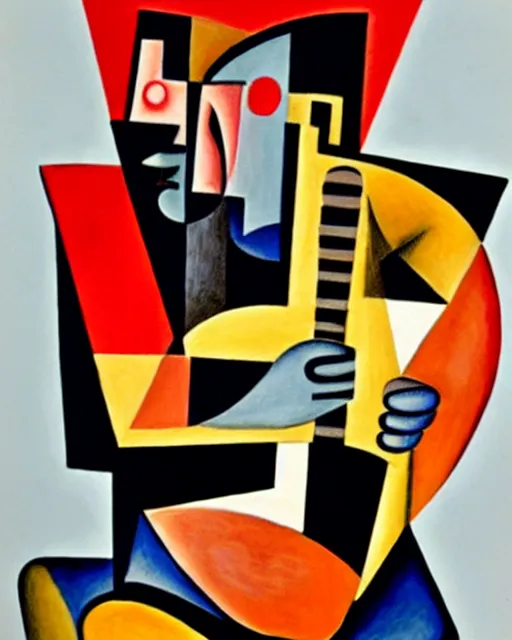 Image similar to a cubism portrait of willie nelson hugging his guitar, in the style of fernand leger, black and red