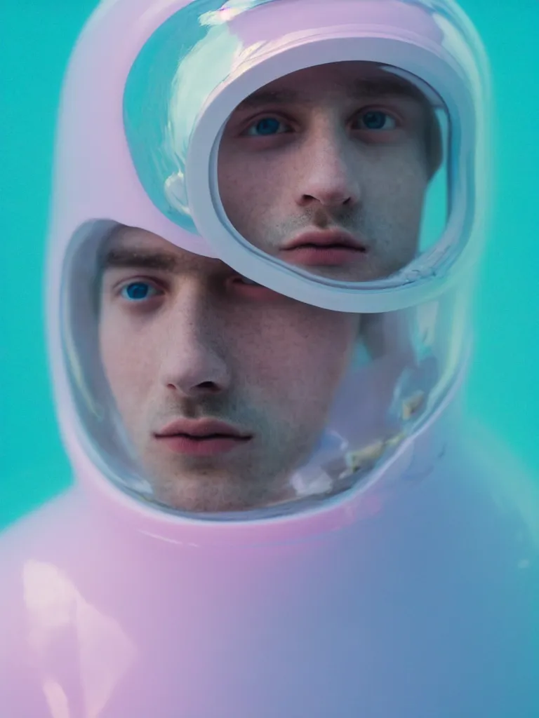 Image similar to high quality pastel coloured close up film portrait photograph of a beautiful twenty year young male, soft facial features, short hair, perspex space helmet and oversized inflated clothing!! in an icelandic black rock pool environment. atmospheric three point light. photographic. art directed. ( pastel colours ). volumetric. clearcoat. waves. 8 k. filmic.