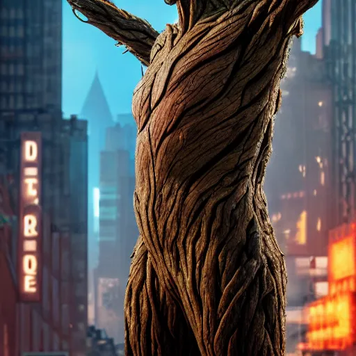 Image similar to the groot as james bond, cinema poster, detailed, photo near a cinema, new york city, hyper realistic, 4 k octan render, unreal 5