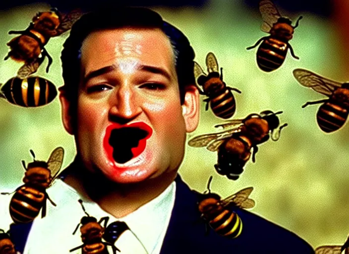 Image similar to film still of ted cruz as the candyman with bees coming out of his mouth in candyman 1 9 9 2