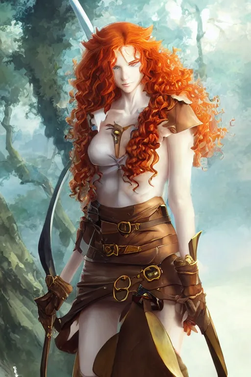 Image similar to A beautiful anime portrait of a curly haired redhead female elf, rpg ranger outfit, elven bow, by Stanley Artgerm Lau, WLOP, Rossdraws, James Jean, Andrei Riabovitchev, Marc Simonetti, and Sakimichan, tranding on artstation