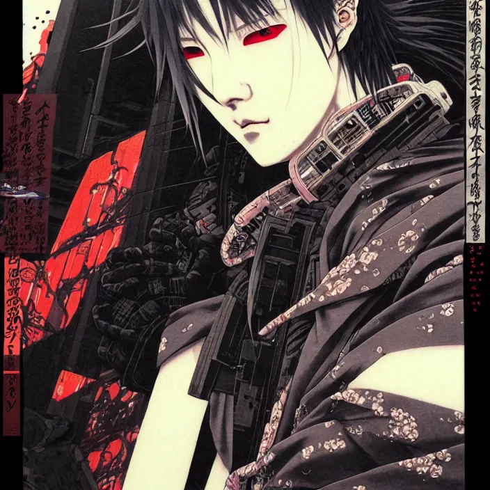 Image similar to a beautiful ukiyo painting of cyberpunk ninja, wearing cyberpunk streetwear, detailed close up portrait, concept art, by takato yamamoto, wlop, krenz cushart. cinematic dramatic atmosphere, sharp focus