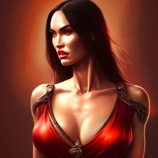 Image similar to portrait of megan fox, muscular upper body, greek, jewelry, red dress, fantasy, intricate, elegant, highly detailed, digital painting, artstation, concept art, matte, sharp focus, illustration, art by aenaluck and roberto ferri and greg rutkowski, epic fantasy, digital painting