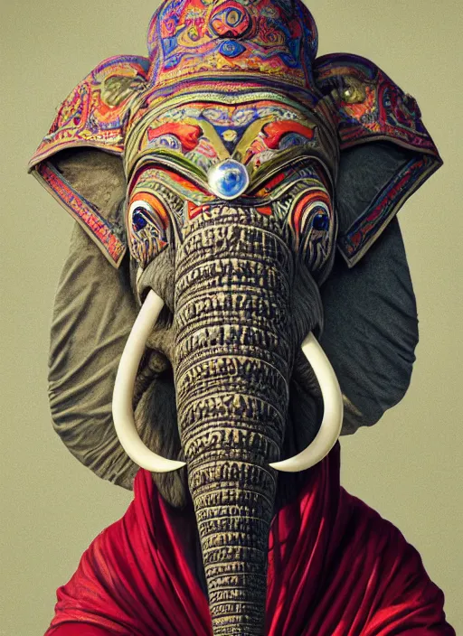 Image similar to an anthropomorphic beautiful goddess female wizard made of elephant portrait holding a staff wearing colourful robe, fine art, award winning, intricate, elegant, sharp focus, octane render, hyperrealistic, cinematic lighting, highly detailed, digital painting, 8 k concept art, art by jamie hewlett and z. w. gu, masterpiece, trending on artstation, 8 k