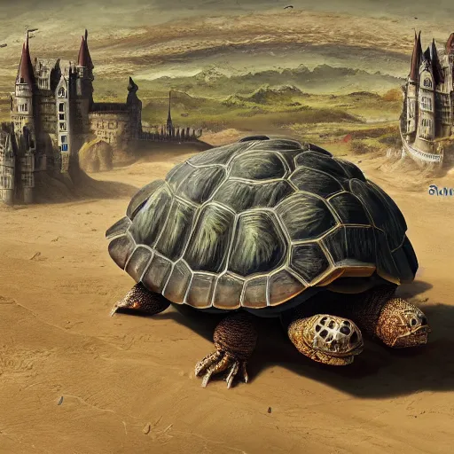 Image similar to gargantuan tortoise with a large castle rising from the shell, walking through a sandy wasteland, inspired by howls moving castle and mortal engines, mid - distant shot centered birds eye view, fantasy, hyper detailed, 4 k