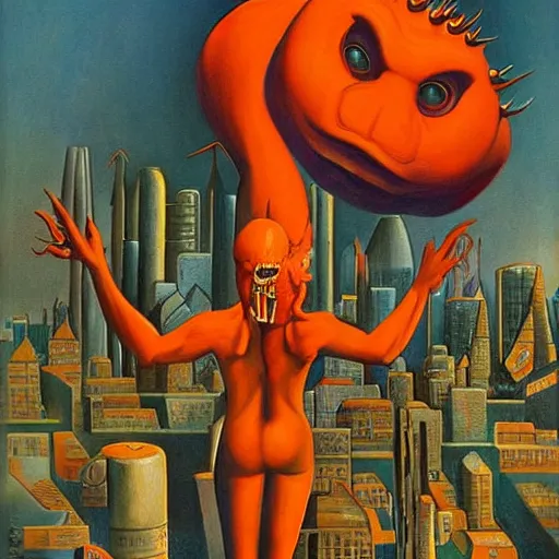 Image similar to by ernie barnes, by nicolas mignard flickr, cinnabar cosy, rigorous. a beautiful painting of a large, orange monster looming over a cityscape. the monster has several eyes & mouths, & its body is covered in spikes. it seems to be coming towards the viewer, who is looking up at it in fear.