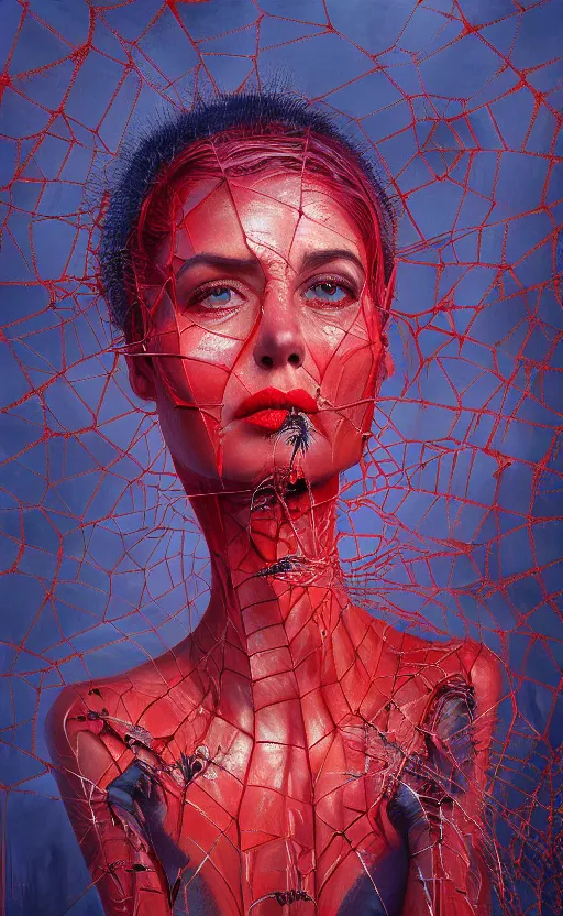 Prompt: a red oil painting hyperrealism of a beautiful woman, cobwebs, spider makeup, cobwev headdress, 8 k resolution, octane render, trending on artstation, by gediminas pranckevicius, volumetric light 2 blue fractal thunder glow by dan mumford, anaglyph effect, laurie lipton