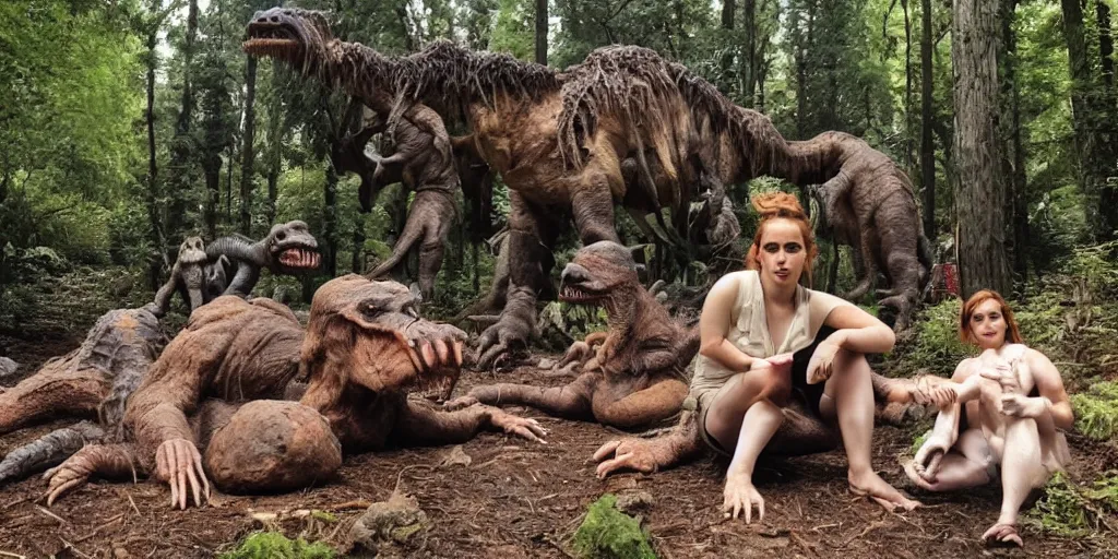 Image similar to photo, three hairy fat cave people, emma!! watson!!, looking at camera, surrounded by dinosaurs!, gigantic forest trees, sitting on rocks, bright moon, birthday cake on the ground, front view