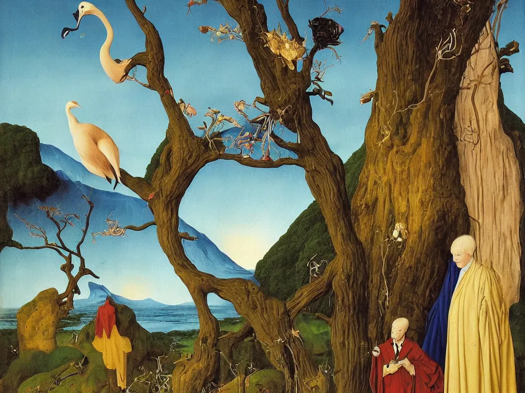 Image similar to Portrait of albino mystic with blue eyes, with exotic beautiful orchid crane. Landscape with tsunami, giant wave, boulder. Painting by Jan van Eyck, Audubon, Rene Magritte, Agnes Pelton, Max Ernst, Walton Ford