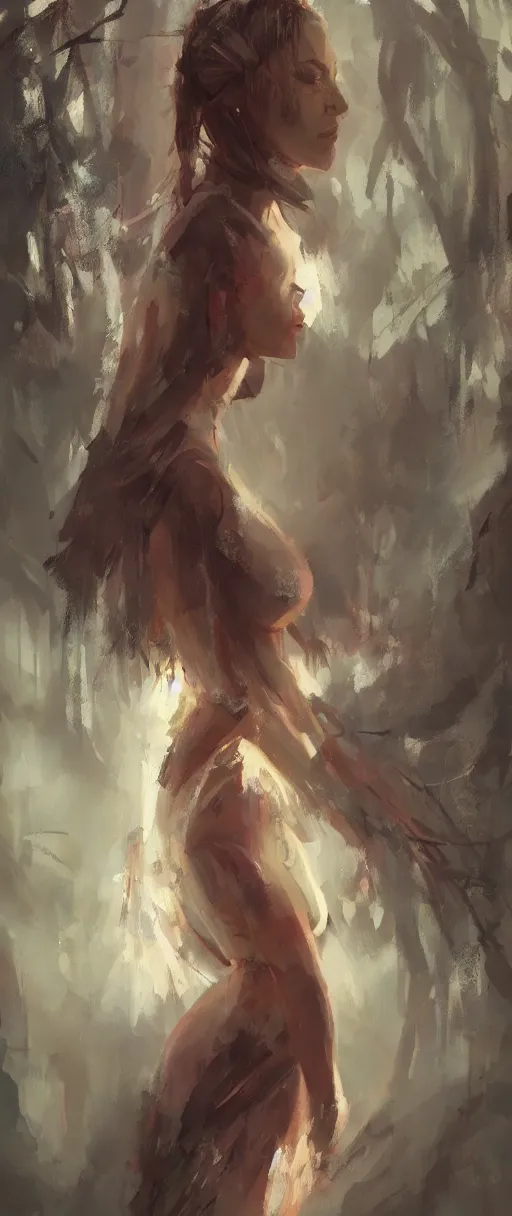 Image similar to A painting of a beautiful woman in a forest trending on artstation in the style of Greg Rutkowski