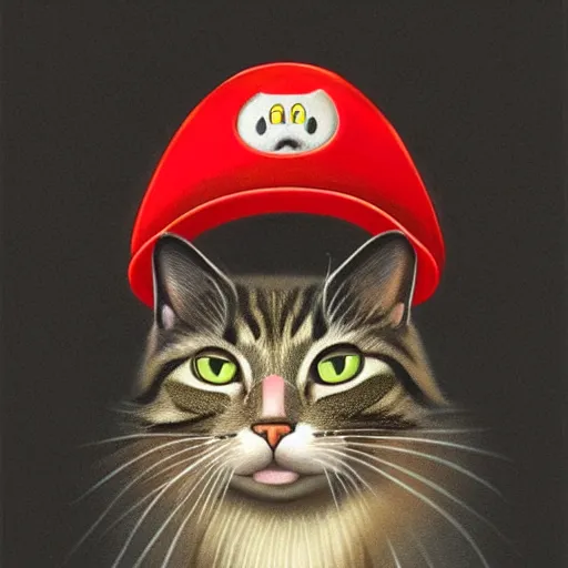 Prompt: Portrait of a Cat wearing a red Super Mario hat, kawaii aesthetic, nintendo, box art, highly detailed, digital painting, artstation, concept art, smooth, sharp focus, illustration, art by artgerm and greg rutkowski and alphonse mucha