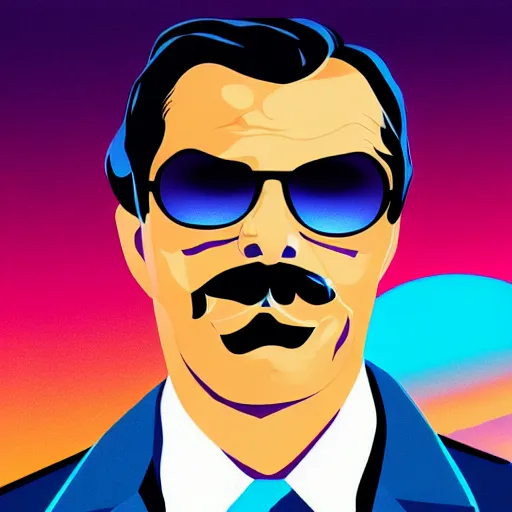 Image similar to portrait of tom selleck with light blue shutter shades in front of a sunset, a dark purple leather jacket, vector art by jan tengnagel, pixabay contest winner, retrofuturism, retrowave, synthwave, outrun