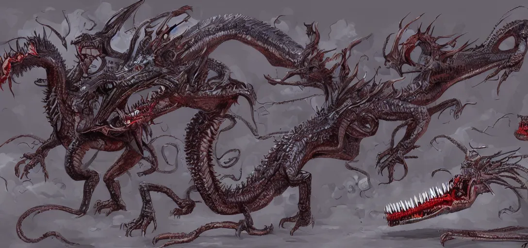 Image similar to concept art of dragon attack, lovecraftian, lots of teeth, melting horror, feathers, fighting the horrors of the unknown with laser guns