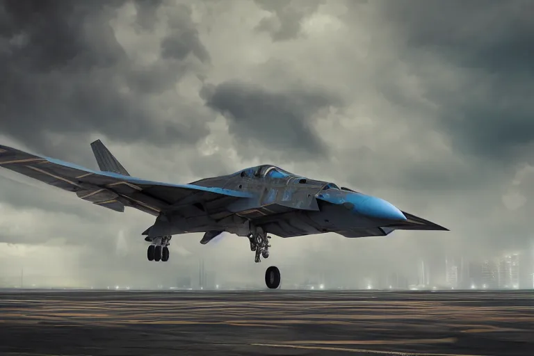 Image similar to a futuristic fighter aircraft, worn paint, symmmetric design, action shot, motion blur, epic dark towering thunderclouds in the background, intricate details, intricate textures, blue tint, realistc octane render, hyper realistic render, volumetric shading, depth of field, soft lighting, 8k