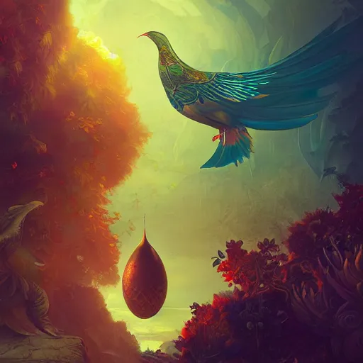 Image similar to the solarpunk phoenix, red bird, ornate egg, regeneration, landscape, epic composition, volumetric light, bokeh, inspired by peter mohrbacher and by alphonse mucha