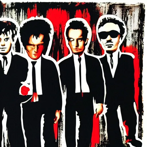 Prompt: Andy Warhol's version of Reservoir Dogs poster