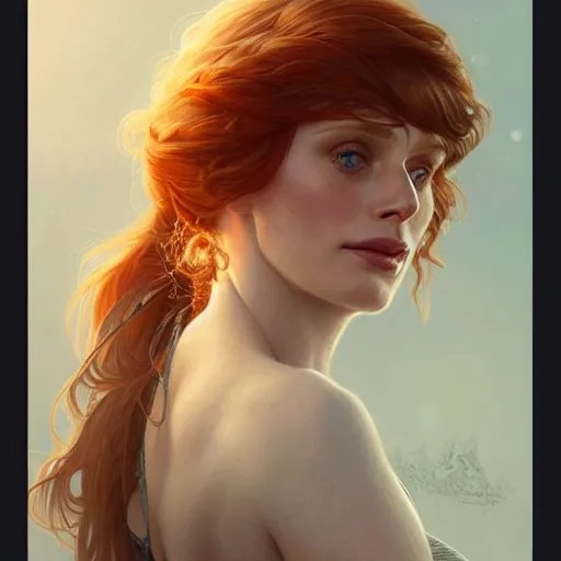 Image similar to beautiful natural Bryce Dallas Howard, intricate, elegant, highly detailed, digital painting, artstation, concept art, smooth, sharp focus, illustration, art by artgerm and greg rutkowski and alphonse mucha and loish and WLOP
