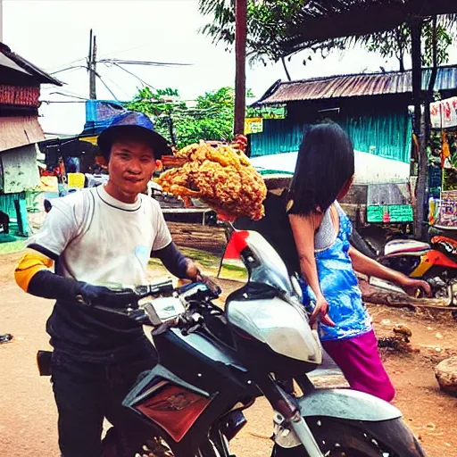 Image similar to “ selling fried chicken and sticky rice from a motorbike in thailand. ”