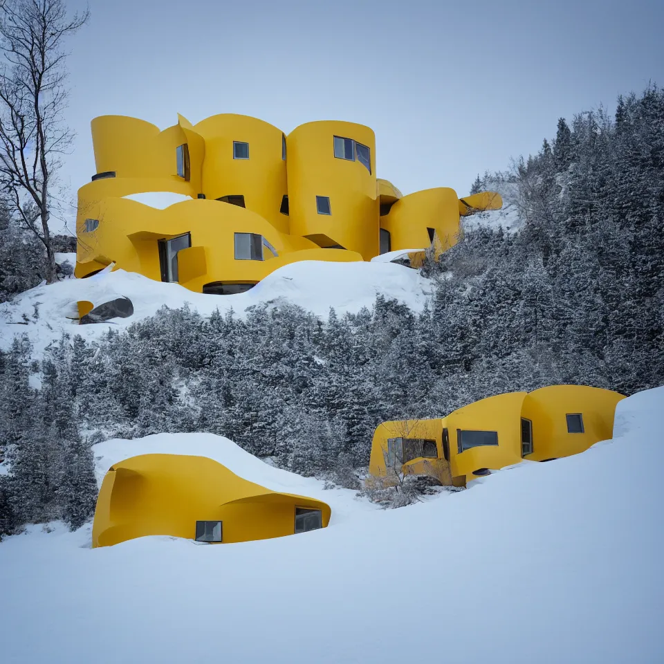 Image similar to a mid-century modern house on top of a cliff in the arctic, covered with snow, designed by Frank Gehry, with a long pathway toward it. Big tiles. Film grain, cinematic, yellow hue