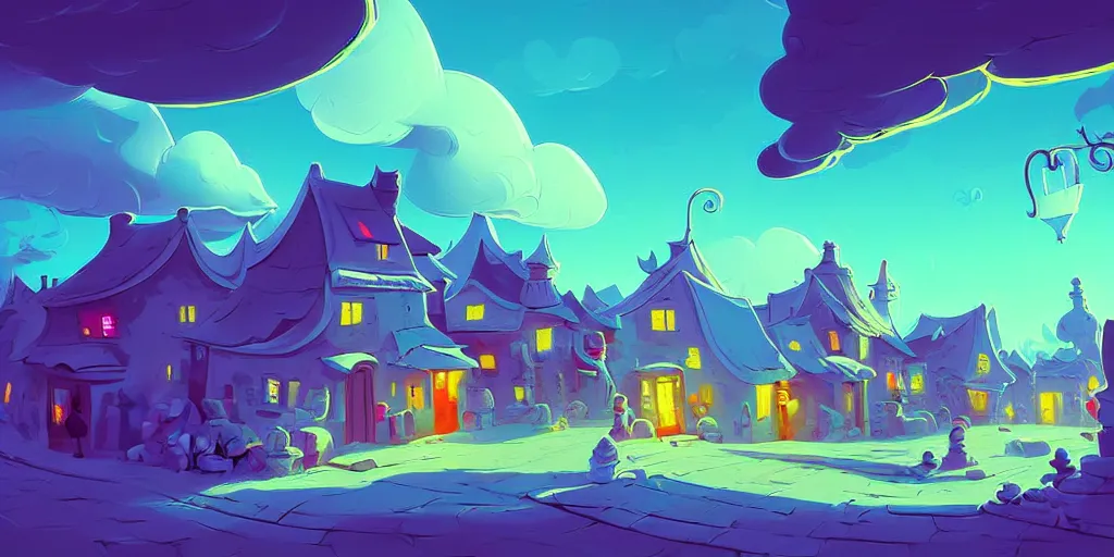 Prompt: curved perspective digital art of curvy clouds in a small village with a cobblestone street by anton fadeev from nightmare before christmas