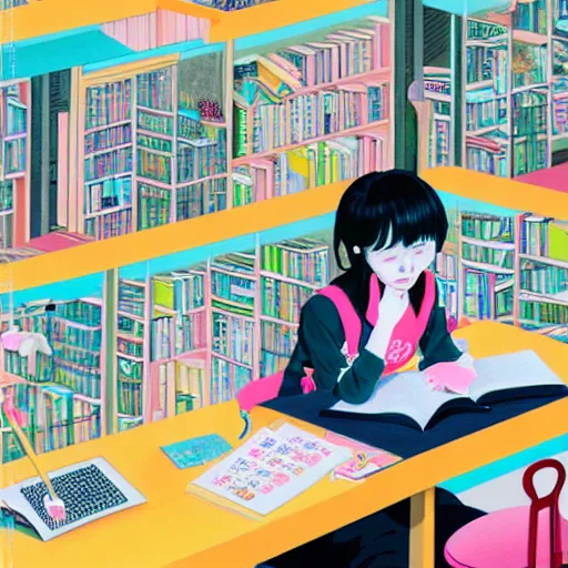 Image similar to full view of girl studying at her future computer, in taipei, style of yoshii chie and hikari shimoda and martine johanna and studio ghibli, highly detailed