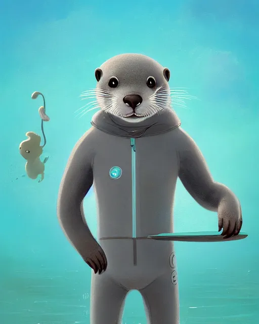 Image similar to a beautiful portrait of a male gray anthropomorphic grey otter fursona wearing a wetsuit. paws. on the beach. surfboard. turquoise hair. orange nose. sunset. character design by cory loftis, fenghua zhong, ryohei hase, ismail inceoglu and ruan jia. volumetric light, artstation