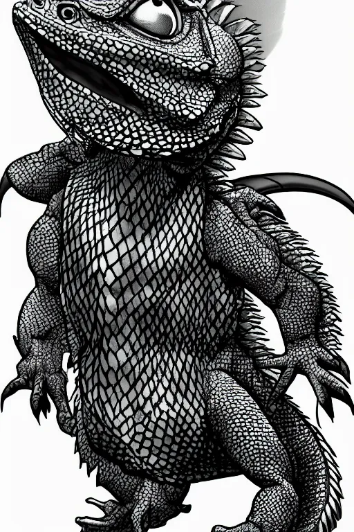 Image similar to bearded dragon grogu marvel comics style, gray scales, anime, hd,