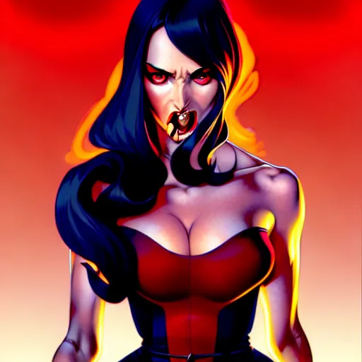 Image similar to artgerm, joshua middleton comic cover art, full body pretty megan fox vampire sharp teeth, red dress, symmetrical eyes, symmetrical face, long curly black hair, dark castle background background, cinematic lighting