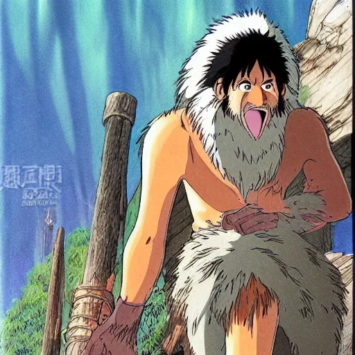 Prompt: a realistic cell - shaded studio ghibli concept art from princess mononoke ( 1 9 9 7 ) of a giant caveman. very dull colors, wide shot, hd, 4 k, hq