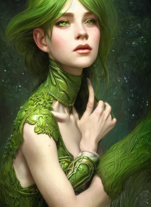 Prompt: portrait of beautiful green skin cute goblin girl, fantasy, D&D, intricate, elegant, highly detailed, digital painting, artstation, concept art, smooth, sharp focus, illustration, art by artgerm and greg rutkowski and alphonse mucha and Gustav Klimt