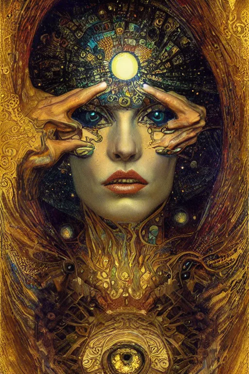 Image similar to Machinery of Fate by Karol Bak, Jean Deville, Gustav Klimt, and Vincent Van Gogh, enigma, otherworldly, fractal structures, prophecy, arcane, ornate gilded medieval icon, third eye, spirals