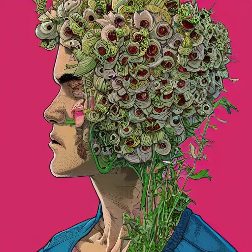 Prompt: hyper detailed comic illustration of a beautiful flower growing out of the head of a young mixed race explorer\'s head, by Josan Gonzalez and Geof Darrow, highly detailed, 8k wallpaper