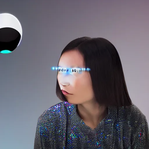 Prompt: woman interacting with small holographic computer display floating in front of her face