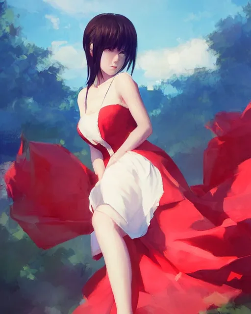 Prompt: elegant tifa lockhart in a red cottagecore dress, portrait, illustration, rim light, top light, summer clear blue sky, perfectly shaded, soft painting, art by krenz cushart and wenjun lin