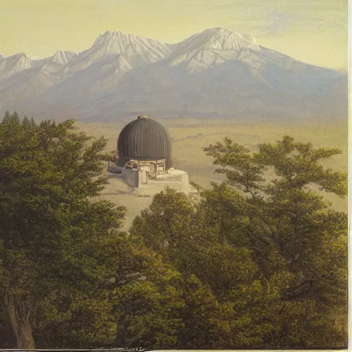 Prompt: observatory, temple, mountains by Fernand Khnopff