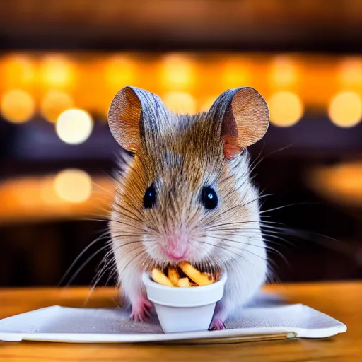 Prompt: detailed photo of a hamster eating fries, fancy restaurant, various poses, full body, unedited, daylight, dof 8 k