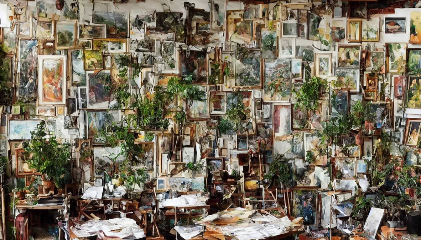 Prompt: old artist's studio filled with paintings, plants, and trees, photograph