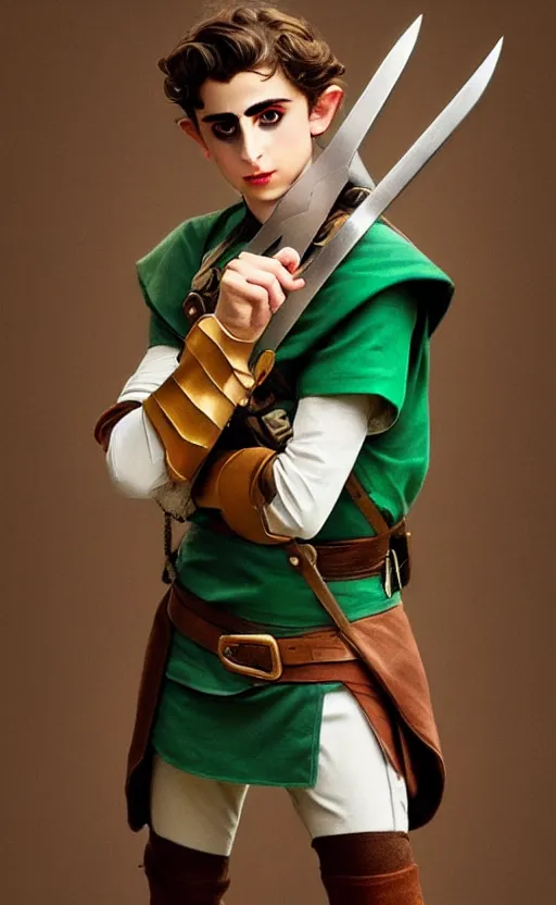 Image similar to Timothee Chalamet as Link from Legend of Zelda, elf ears, +++ super super super dynamic posing, j.c. leyendecker, Valentina Remenar, thick eyebrows, super serious facial expression, holding a sword & shield, ocarina of time