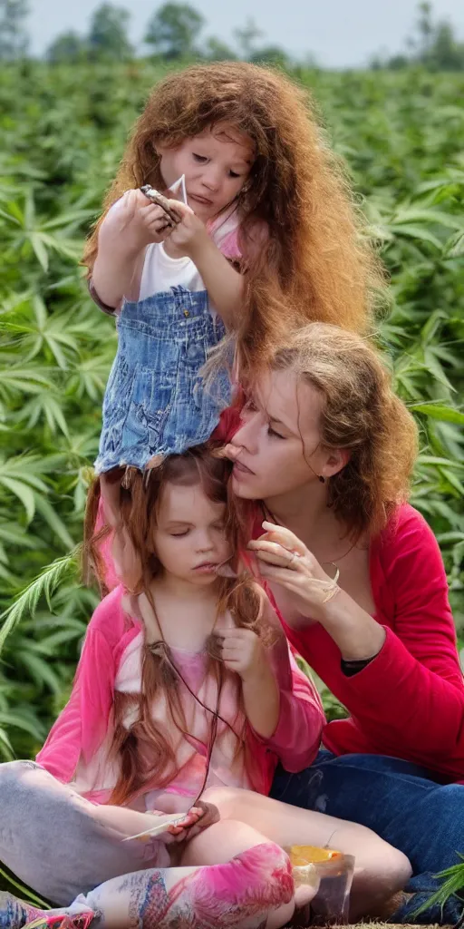 Prompt: a mother and her very young daughter, smoking a bowl of hash together, from a huge red glass bong, sitting in a field of cannabis