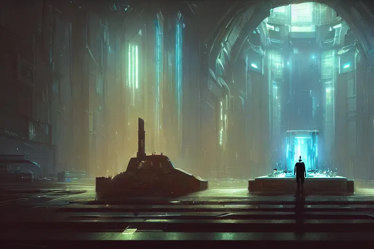 Prompt: sci fi cyberpunk fantasy art a man prays at the altar to the god of machines, by greg rutkowski ultrahd dark volumetric lighting hyper detailed unreal engine octane render