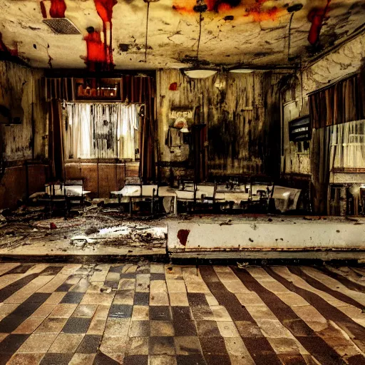 Prompt: a detailed image of an empty restaurant, decaying splendour influence, cinematographic style, blood on the floor, mystic feel, 4k