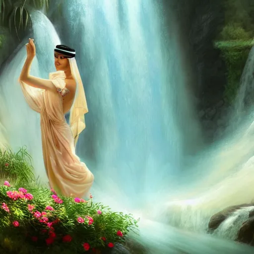 Image similar to beautiful Arab woman, white transparent veil black hair, showering in a waterfall, swimming, ethereal, emotive, fine art, water mist, mystical, Romanticism, natural light, cinematic lighting, ultra detailed, highly detailed, sharp focus, golden background with flowers, golden jewelry with blue sapphires, photographic, art by artgerm and greg rutkowski and zdislav beksinski