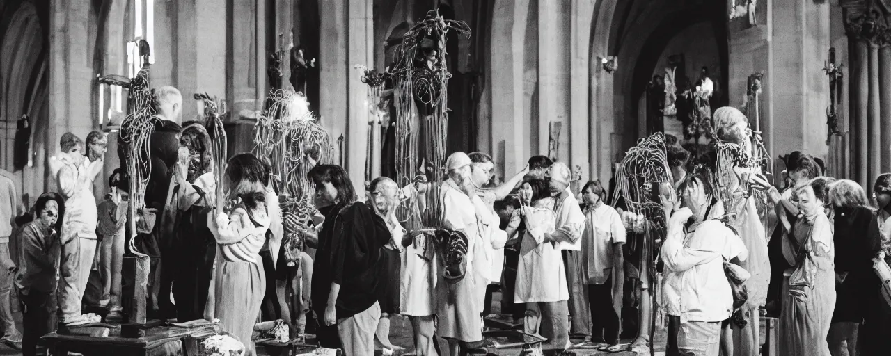 Prompt: people praying to a statue of spaghetti inside a church, canon 5 0 mm, cinematic lighting, photography, retro, film, kodachrome, closeup