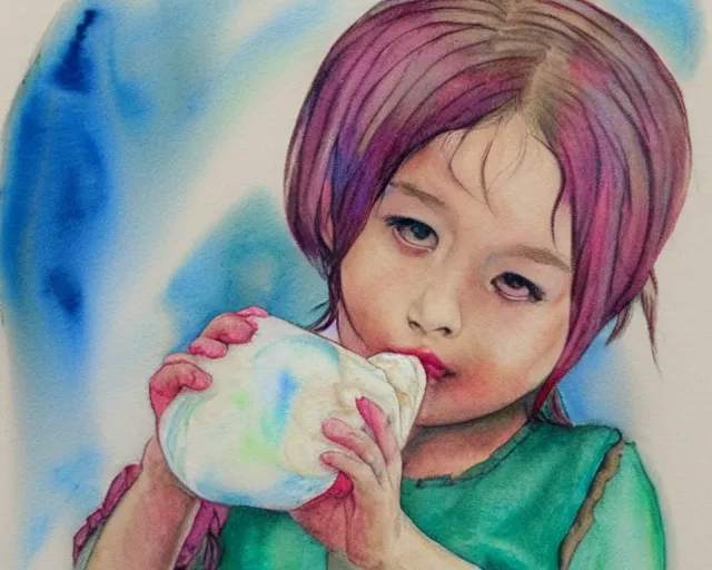 Prompt: a little girl with the ice cream watercolor colored pencil painting trending on artstation