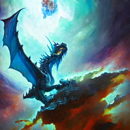 Prompt: prompt crystalline blue dragon in space, devouring a planet, sun system, European dragon, dragon wings, nebula, oil painting, by Fernanda Suarez and and Edgar Maxence and greg rutkowski