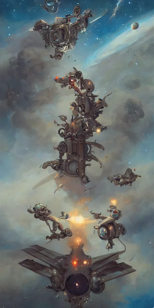 Prompt: the Bogdanov twins fly in space, painting by Peter Mohrbacher