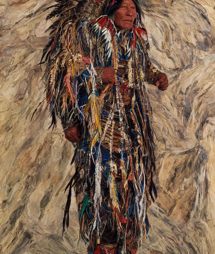 Prompt: full body shot picture of indigenous people leader in canyon, painted by lucian freud, intricate costume design, beautiful feathers, hd, super detailed, realistic, muted colors