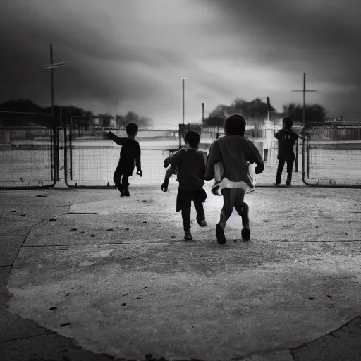 Prompt: A photograph of the end of the world with children playing in a playground, melancholic, cinematic, moody lighting