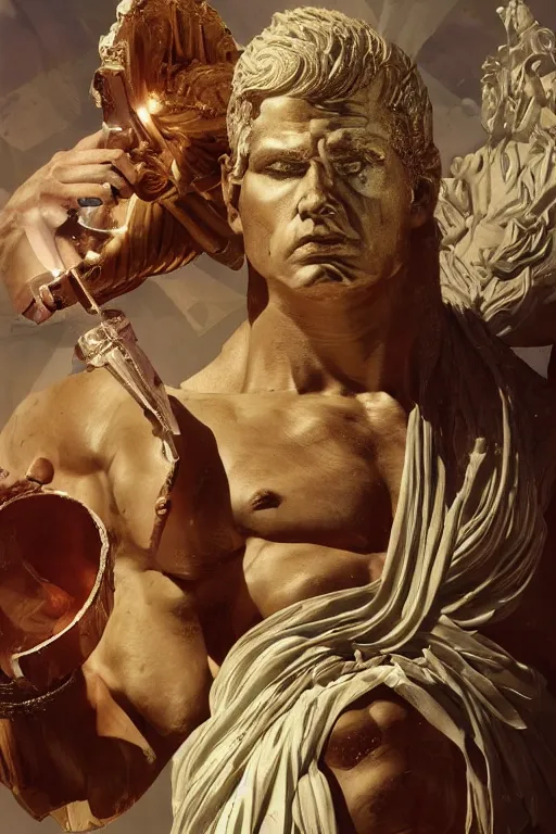 Image similar to President Donald J Trump as a Greek god, detailed face, gorgeous, amazing, muscular, fit, very muscular male body, Caesar victorious, proud Emperor , cyberpunk, intricate, highly detailed, digital painting by beeple, glitched, artstation, concept art, sharp focus, illustration, art by greg rutkowski beeple and alphonse mucha